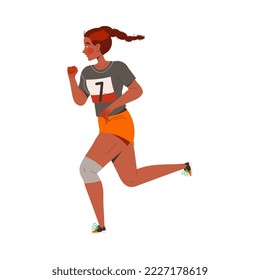 Woman Character Participating in Marathon Running in Sportswear with Number Vector Illustration