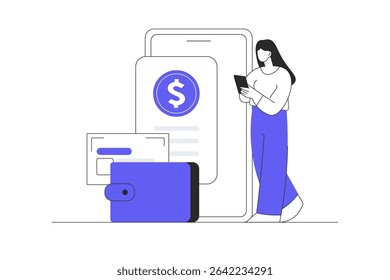 Woman Character paying online with phone and receiving bonus money or reward back on credit card. Cashback, financial savings and money exchange. Flat Cartoon Vector Illustration, icon. Stylish 