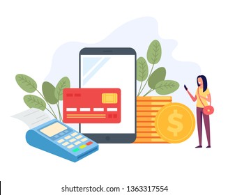 Woman character paying online purchases by terminal. E-commerce payment business concept. Vector flat cartoon design graphic isolated illustration