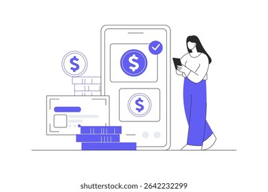 Woman Character paying online and receiving bonus money or reward back on credit card. Cashback, financial savings and money exchange concept. Flat Cartoon Vector Illustration, icon. Stylish abstract 