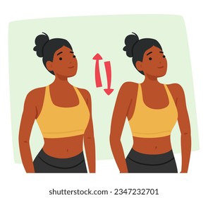 Woman Character Performing Neck And Shoulder Exercises, Stretching And Shrugging her Shoulders Up and Down, To Improve Flexibility And Relieve Tension And Stiffness. Cartoon People Vector Illustration