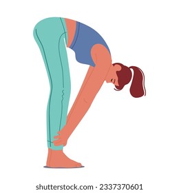 Woman Character Performing Padhasthasana Yoga Pose Where She Bends Forward From The Waist, Reaching Her Hands Towards Her Feet, Promoting Flexibility And Calm Mind. Cartoon People Vector Illustration