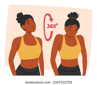 Woman Character Performs Gentle Stretches And Rotations To Relieve Tension And Strengthen Neck And Shoulder Muscles, Promoting Better Flexibility And Posture. Cartoon People Vector Illustration