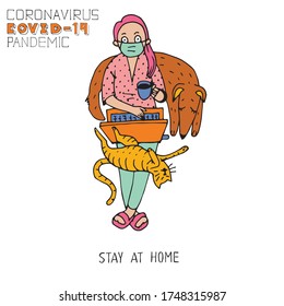 Woman character and pets resting and working from home. Women spending time with their domestic animals. Self-Care During the Coronavirus Pandemic. Hand drawn cartoon colorful vector illustration.
