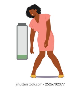 Woman Character In A Pink Dress With A Low Energy Battery Icon Depicting Fatigue And Exhaustion. Cartoon Vector Image Symbolizes Lack Of Energy, Stress, And The Need For Rest In The Modern Lifestyle