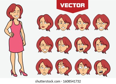 Woman character with pink dress. various facial expressions