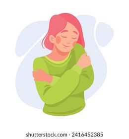 Woman Character with Pink Hair Hug Herself Taking Care and Show Importance of Oneself Vector Illustration