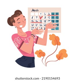 Woman Character Planning Time and Event Marking Date on Calendar and Managing Schedule Vector Illustration