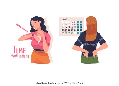Woman Character Planning Time and Event Managing Schedule Vector Set