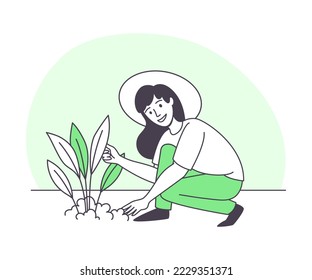 Woman Character Planting Growing and Cultivating Greenery Outline Vector Illustration