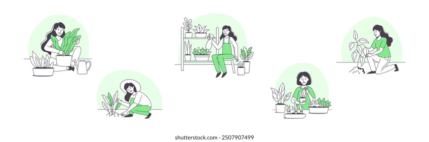 Woman Character Planting Growing and Cultivating House Greenery Outline Vector Set