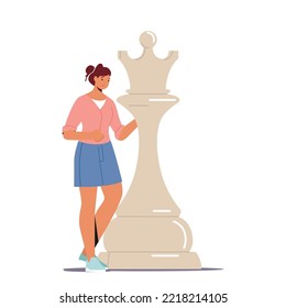 Woman Character Play Chess, Female Character Stand at Huge Queen or King Piece. Business Strategy Plan, Strategic Game for Leadership Growth, Creative Thinking Concept. Cartoon Vector Illustration