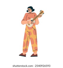 Woman Character Play Ukulele Relaxing in Nature in the Park Vector Illustration