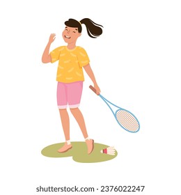 Woman Character Playing Badminton with Racquet Vector Illustration
