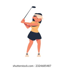 Woman Character Playing Golf with Club Enjoying Recreation Activity Vector Illustration