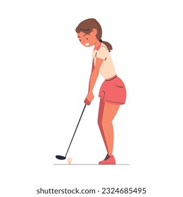 Woman Character Playing Golf with Club Enjoying Recreation Activity Vector Illustration