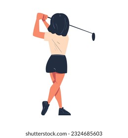 Woman Character Playing Golf with Club Enjoying Recreation Activity Vector Illustration