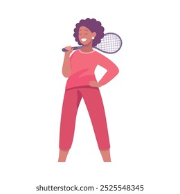 Woman Character Playing Tennis Stand with Racquet Vector Illustration