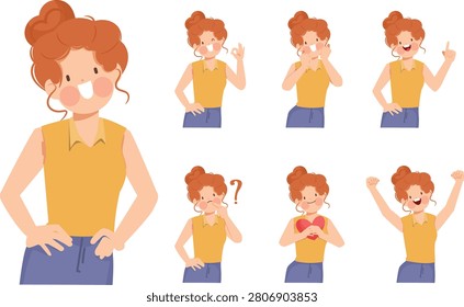 Woman character pose set. Cartoon vector design.