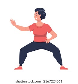 Woman Character Practicing Tai Chi and Qigong Exercise as Internal Chinese Martial Art Vector Illustration