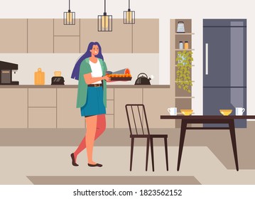 Woman character prepare eaten seafood fish dish concept. Vector flat graphic design illustration