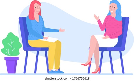 Woman character psychologist support female with problem, psychotherapy help to people isolated on white, flat vector illustration. Professional counselor assistance mind recovery.