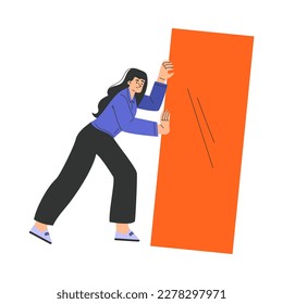 Woman Character Pushing Big Orange Rectangle Shape Vector Illustration