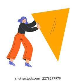 Woman Character Pushing Big Orange Triangle Shape Vector Illustration