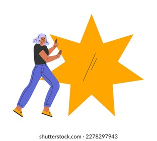 Woman Character Pushing Big Yellow Star Shape Vector Illustration
