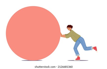 Woman Character Pushing Huge Circle or Ball. Woman Leader Goal Achievement, Leadership, Business Competition, Challenge Concept with Female Character Effort. Cartoon People Vector Illustration