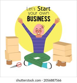Woman character raising hands sitting on the floor with crossed legs with piles of cardboard around, starting a new online business. Startup abstract concept. Flat vector illustration