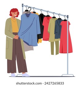 Woman Character Reaches Into Her Closet, Gracefully Selecting Garments From Hanger, Her Fingers Deftly Choosing Attire With A Thoughtful, Discerning Eyes. Cartoon People Vector Illustration