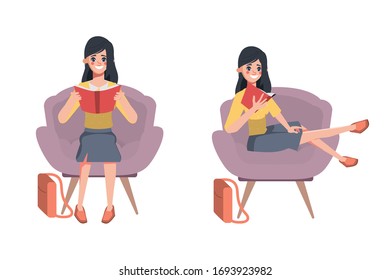 Woman character to reading a book.