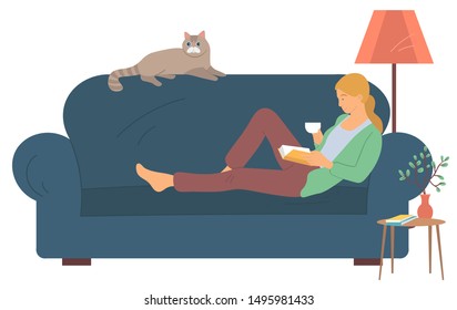 Woman Character Reading Literature, Side View Of Female Character Holding Cup And Book. Person Lying With Cat On Sofa, Bedside Table And Lamp, Room. Vector Illustration In Flat Cartoon Style