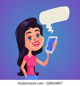 Woman character received message. Vector flat cartoon illustration