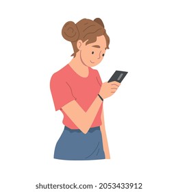 Woman Character Receiving Good News Reading Message and Smiling Happily Vector Illustration