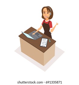 Woman character receptionist with headphones, pen, checklist, laptop. Food order acceptance. Online delivery restaurant call center. Operator talk to customers, typing and show thumb