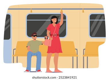 Personaje De Mujer En Vestido Rojo De Pie En La Bolsa De Transporte Público. Otra Figura Sentada Parece Ser Un Intento De Robo. Escena de Vector de dibujos animados destaca la conciencia y la seguridad en el Transporte Urbana