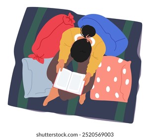 Woman Character Relaxing And Reading A Book View From Above Surrounded By Colorful Cushions Conveys A Sense Of Comfort And Leisure In A Home Environment. Cartoon People Vector Illustration