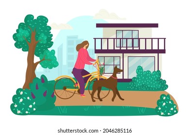 Woman character ride bicycle and walk with domestic animal dog, female stroll outdoor flat vector illustration, isolated on white.