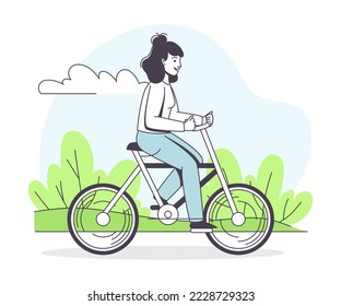 Woman Character Riding Bicycle in the Park Outline Vector Illustration