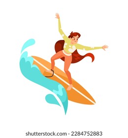 Woman Character Riding Turquoise Wave on Surfboard Doing Water Sport Activity Vector Illustration