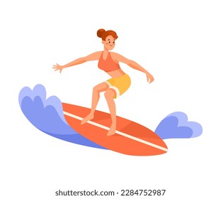 Woman Character Riding Wave on Surfboard Doing Water Sport Activity Vector Illustration