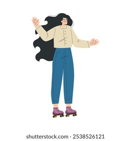 Paseo de patinaje sobre ruedas de personaje de mujer en la Ilustración vectorial de rodillos