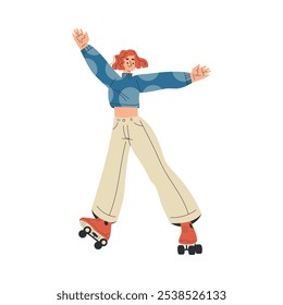 Paseo de patinaje sobre ruedas de personaje de mujer en la Ilustración vectorial de rodillos