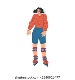 Paseo de patinaje sobre ruedas de personaje de mujer en la Ilustración vectorial de rodillos