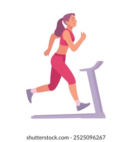 Woman Character Run on Treadmill Enjoy Sport Activity Vector Illustration