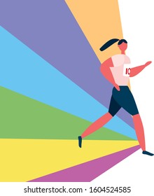 Woman character running. Color run, city marathon, sport. Vector flat cartoon illustration