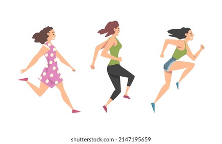 Woman Character Running in a Hurry and Hasten Somewhere Vector Set