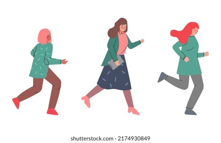 Woman Character Running in a Hurry and Hasten Somewhere Vector Set